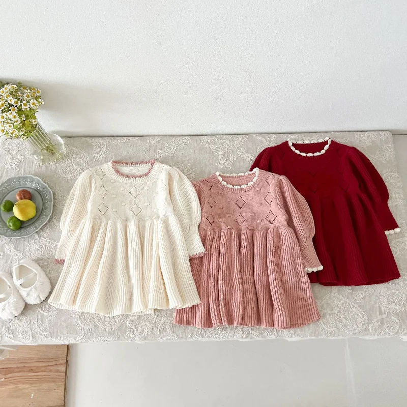 Baby Kid Girls Solid Color Crochet Dresses Wholesale 240802277