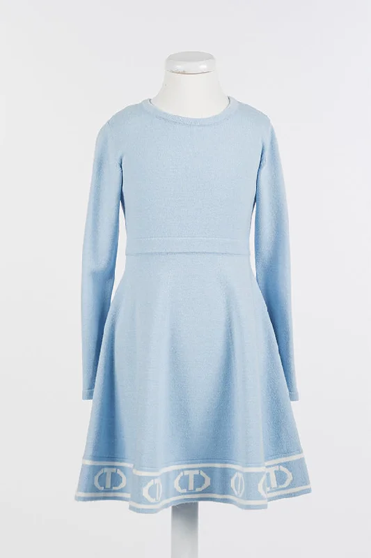 Signature Knit Dress with Logo Print Trim - Blue