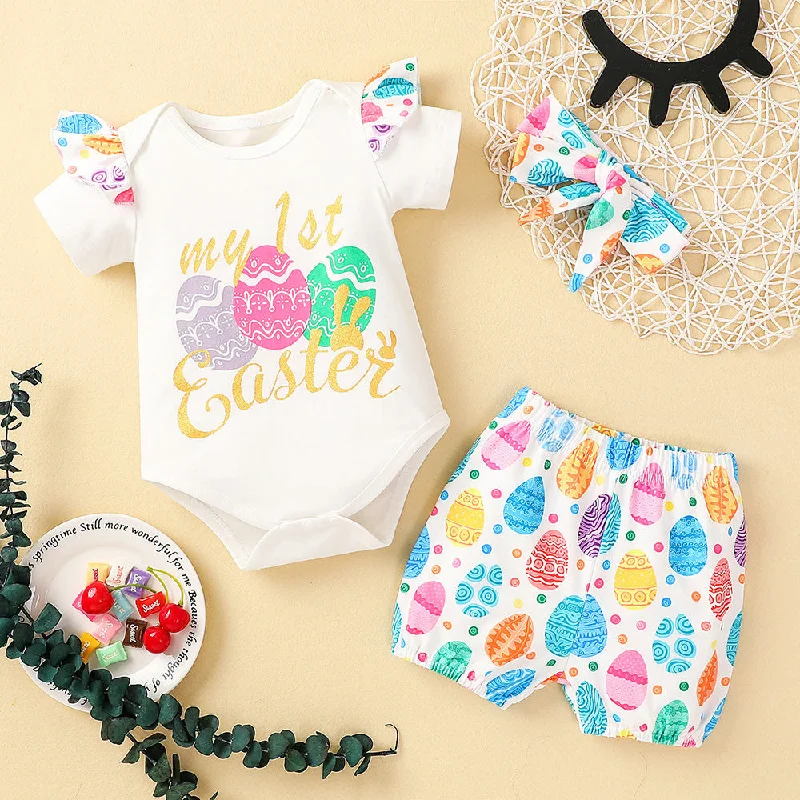 3 Pieces Baby Girl My 1st Easter Set Bodysuit & Shorts & Headband Wholesale 73992272