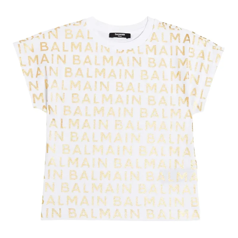 Balmain Kids Gold Lettering Logo All-Over White T-Shirt