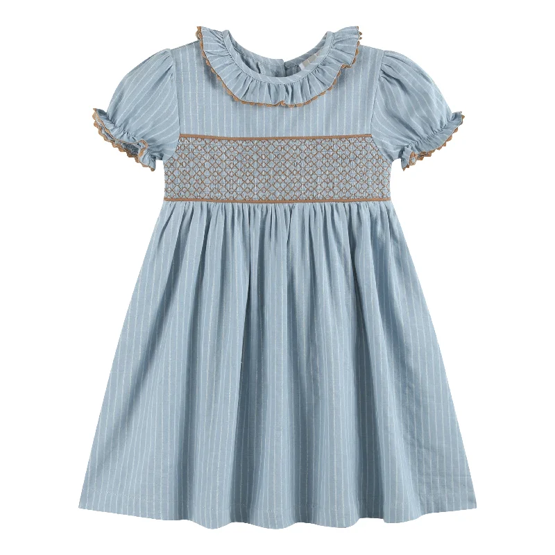 Blue Pinstripe Smocked Ruffle Collar Dress