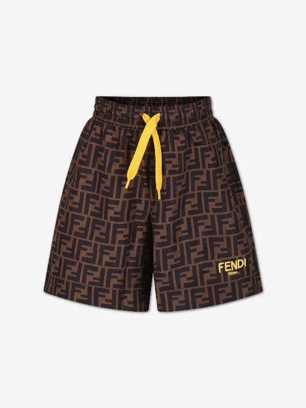 Fendi Boys FF Logo Swim Shorts in Brown