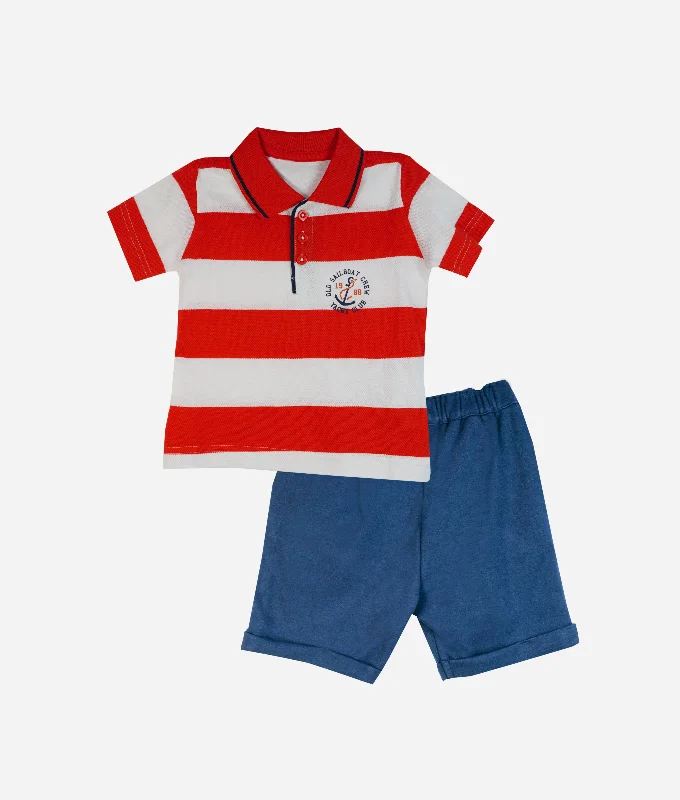 Boys Shirt & Short 2pcs Set - Red Stripes