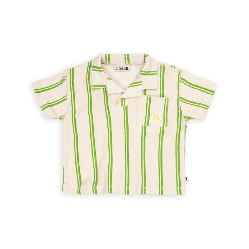 Stripes Green Loose Fit Terry Polo Shirt With Embroidery