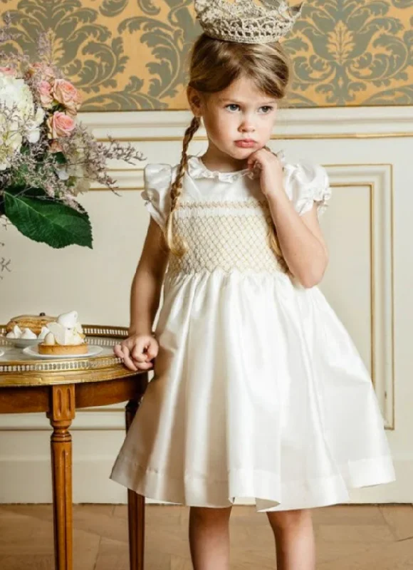 Colombe Silk Dress w/ Gold Smocking