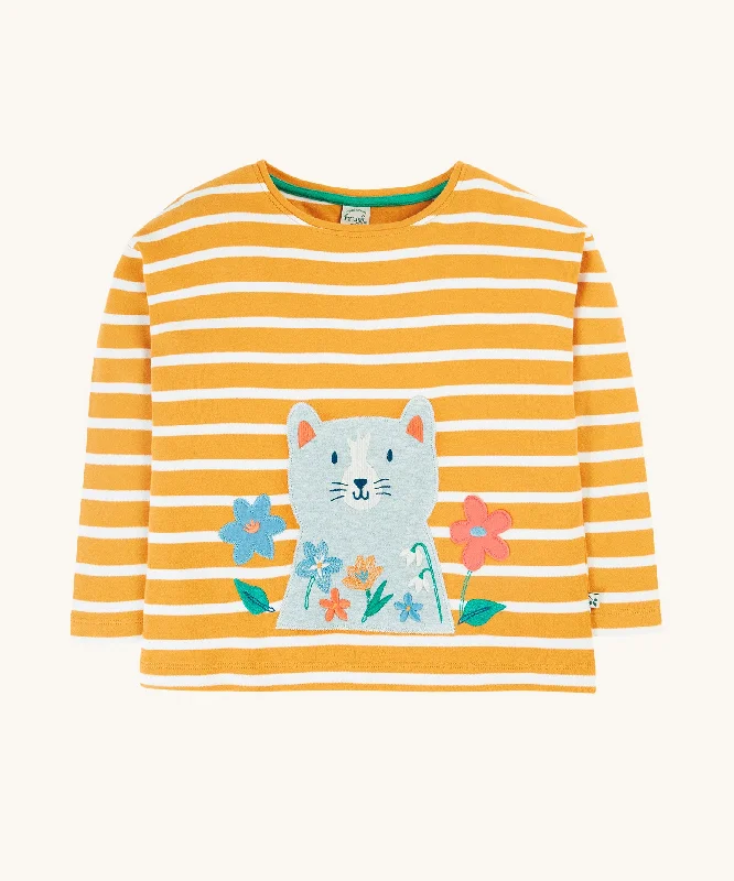 Frugi Tori Applique Top - Gold Breton Stripe/Cat