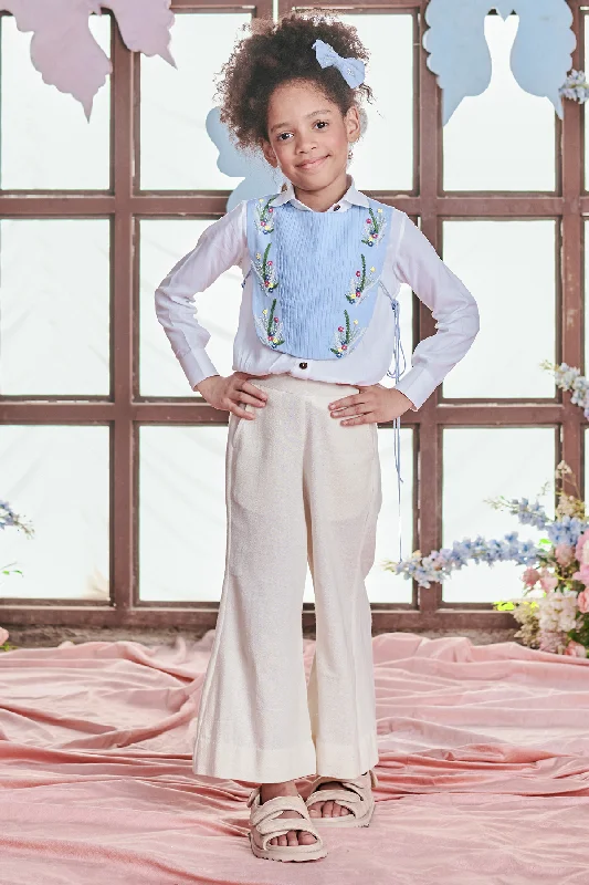 Gaia- Thread Embroidered Bib With Bell Bottom Pants And Shirt- Set Of 3