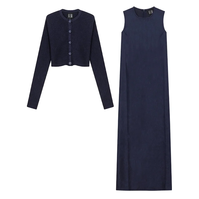 Gem Navy Corduroy Dress and Cardigan Set