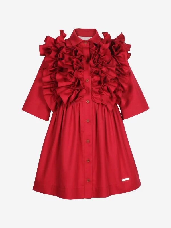 Jessie And James Girls Ripple Dress With Sleeves in Red