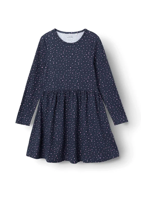 Name It Kid Girl Vinna Long Sleeve Dot Dress, Dark Sapphire