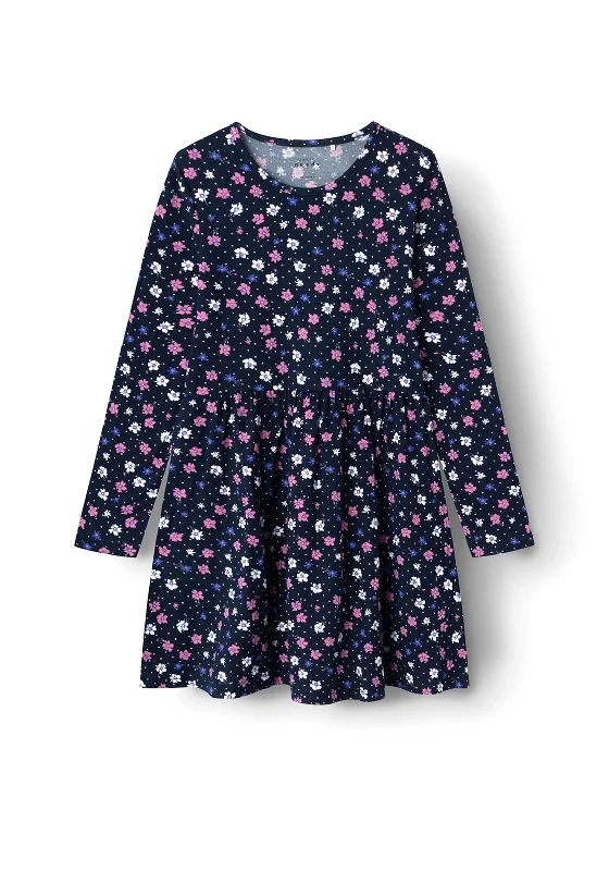 Name It Kid Girl Vinna Long Sleeve Floral Dress, Dark Sapphire