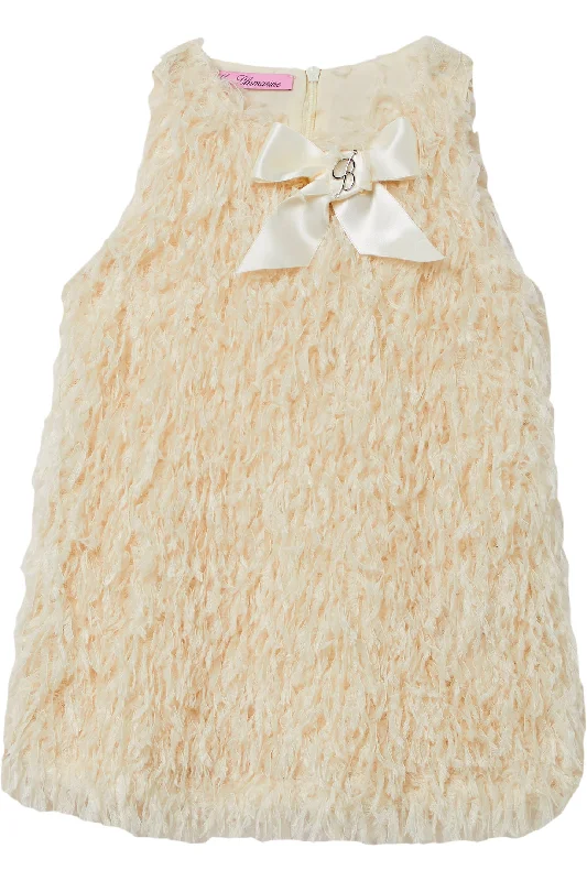 Cream Fringed Party Dress with Bow