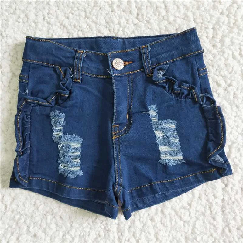 SS0014 Summer Baby Girl Blue Denim Ruffle Shorts