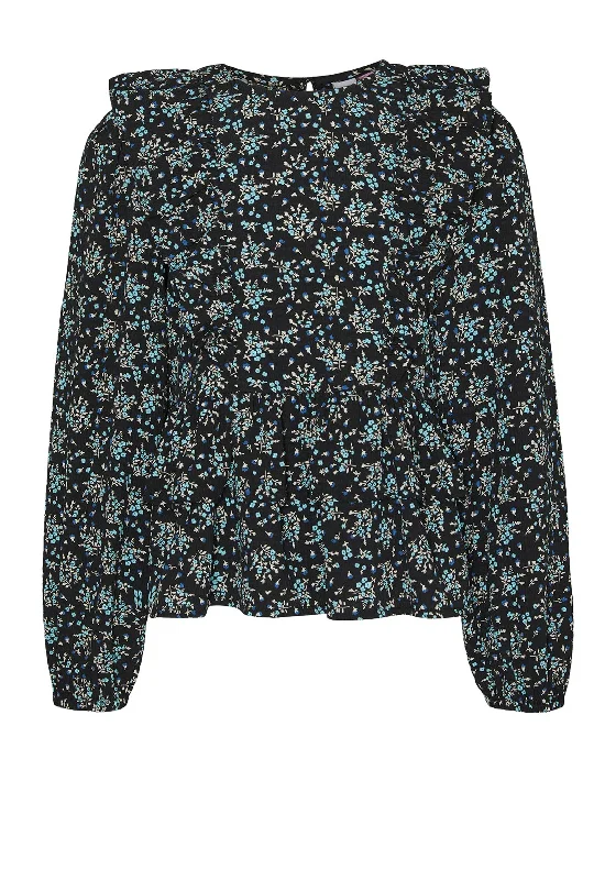 Vero Moda Girl Floral Long Sleeve Peplum Top, Black/Blue