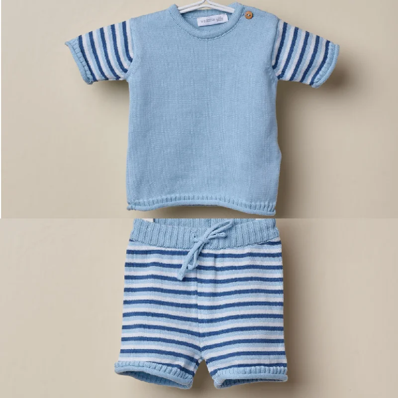 Wedoble Blue Striped Boys Fine Knit Shorts Set