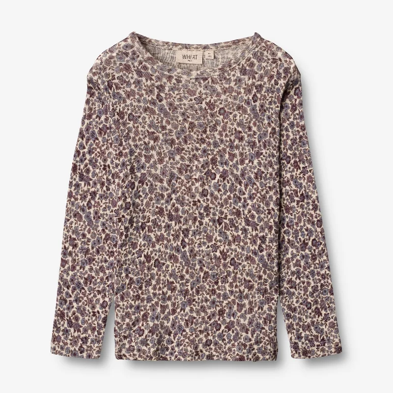 Wool T-Shirt LS - purple flowers