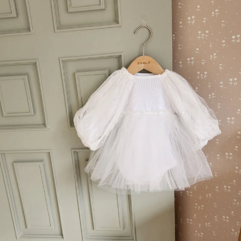 Baby Dot Embroidered Organza Puff Sleeve Tutu Dress Romper (3-18m) - White