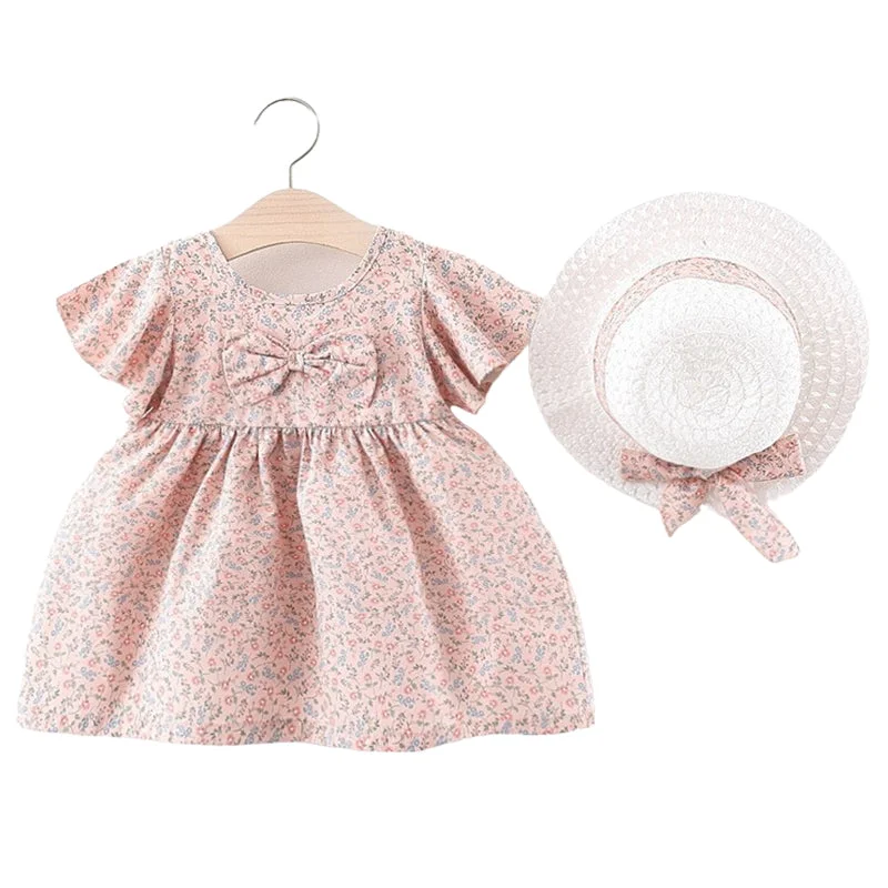 Baby Kid Girls Flower Bow Print Dresses Hats Wholesale 220330460