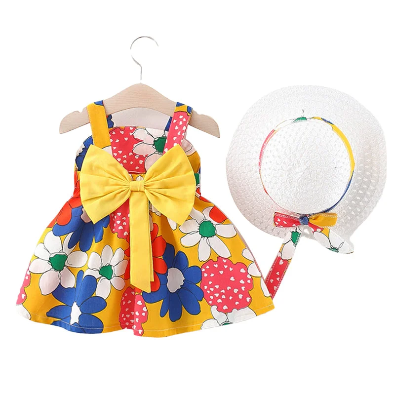 Baby Kid Girls Flower Bow Print Dresses Wholesale 220330396