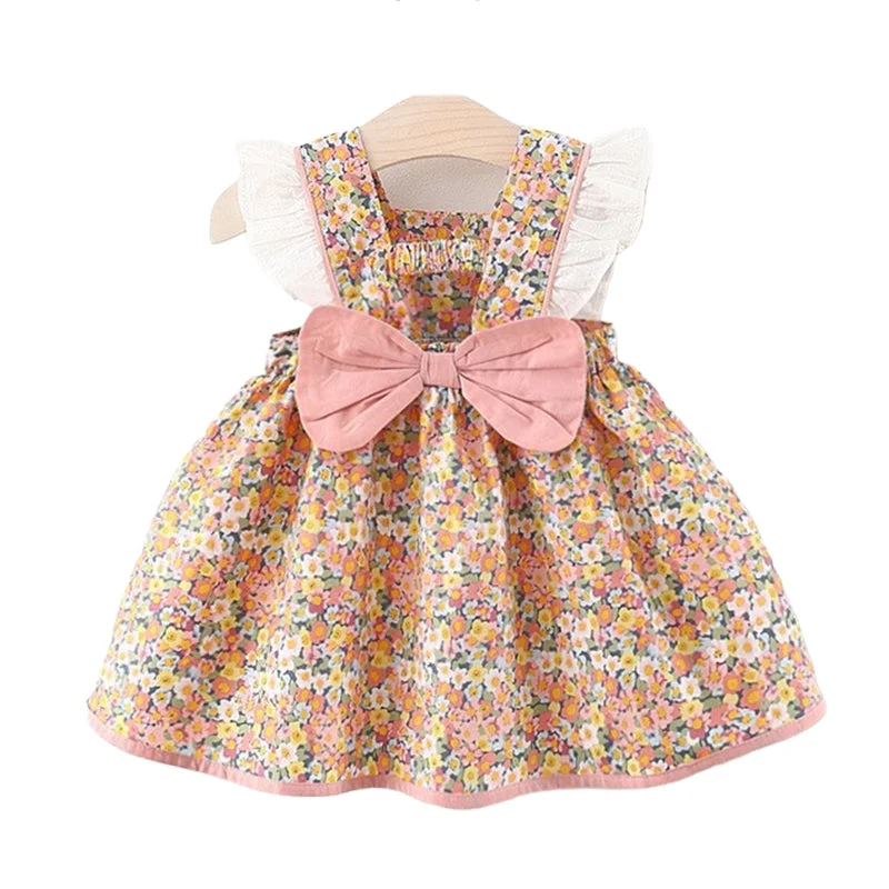 Baby Kid Girls Flower Bow Print Dresses Wholesale 220330469