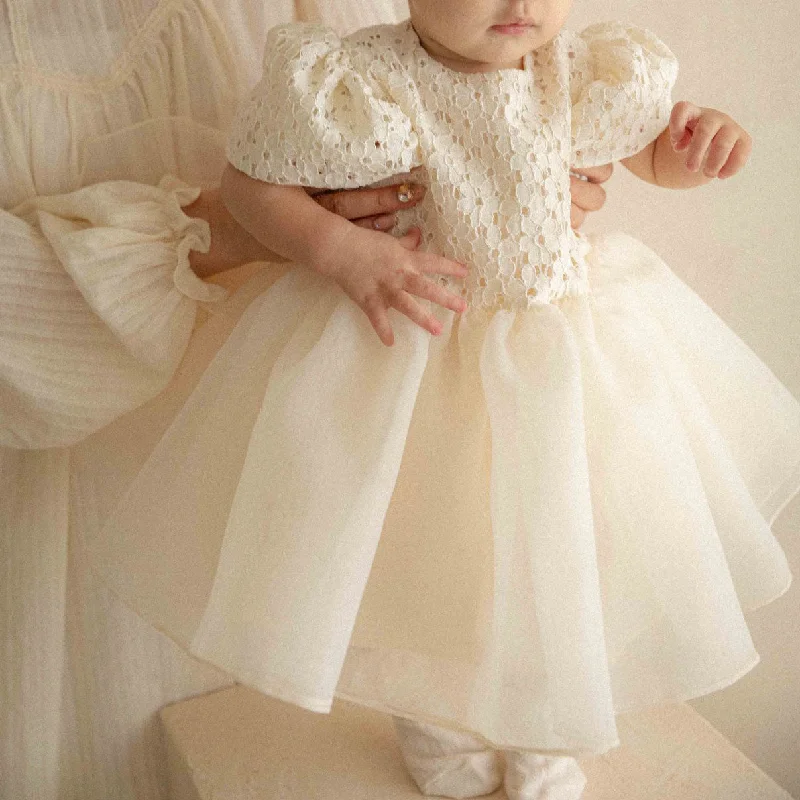 Baby Lace Top Short Puff Sleeve Tulle Party Dress (6m-4y) - Cream