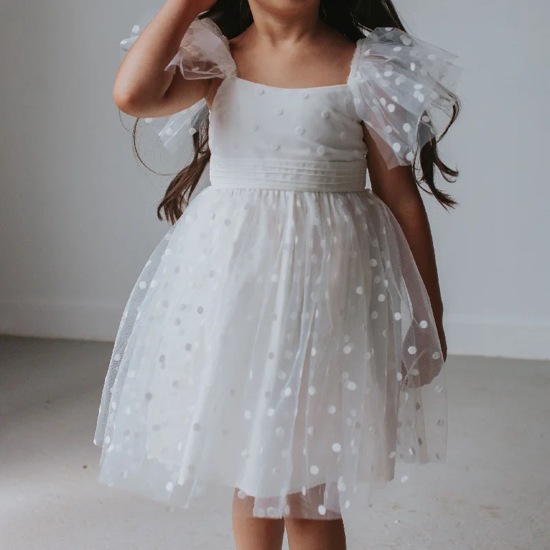 Little Girl's White Tulle Polka Dot Dress