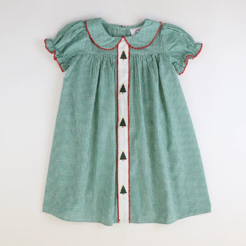 Embroidered Collared Christmas Trees  Dress - Dark Green Mini Gingham