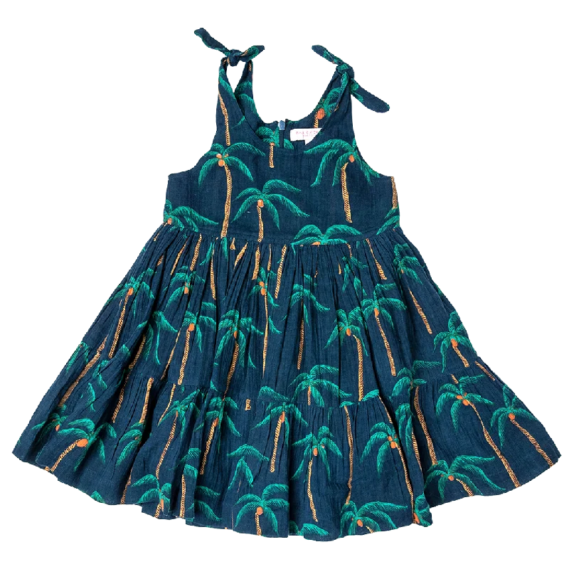 Girls Taylor Dress - Navy Palm Trees