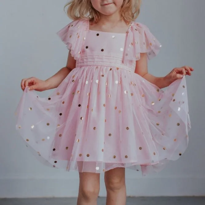 Little Girl's Pink Tulle Dress with Gold Polka Dots