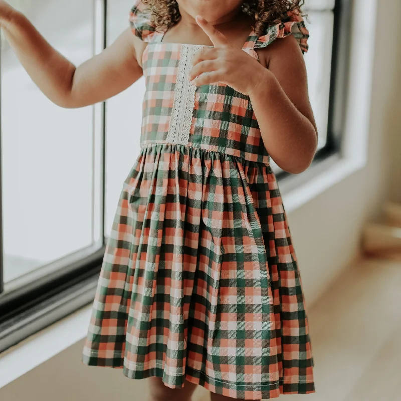 Little Girls Muted Plaid Christmas Dress with Ivory Trim