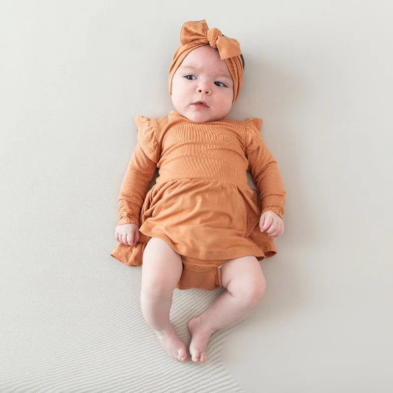 Long Sleeve Twirl Bodysuit Dress in Apricot