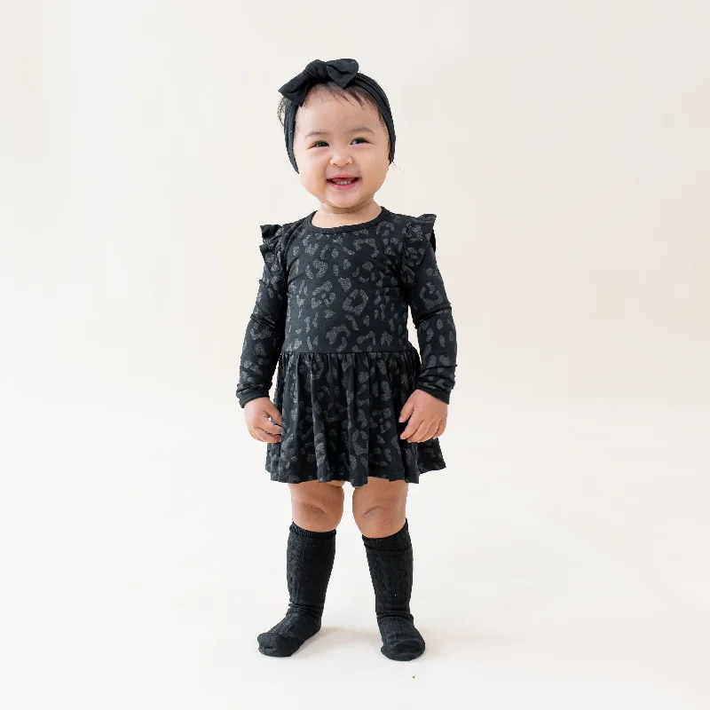 Long Sleeve Twirl Bodysuit Dress in Midnight Leopard