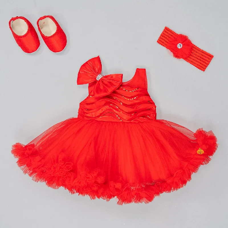 Red & Rani Bow Design Baby Frock